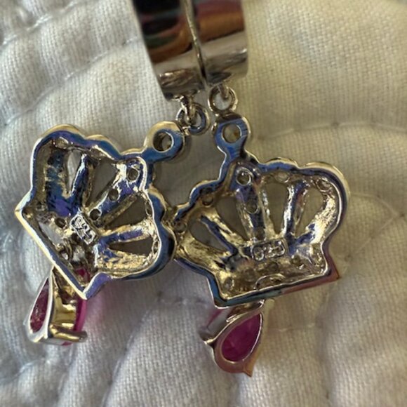 925 Sterling Silver Pink CZ Crown Dangle Hoop Earrings - Picture 3 of 3